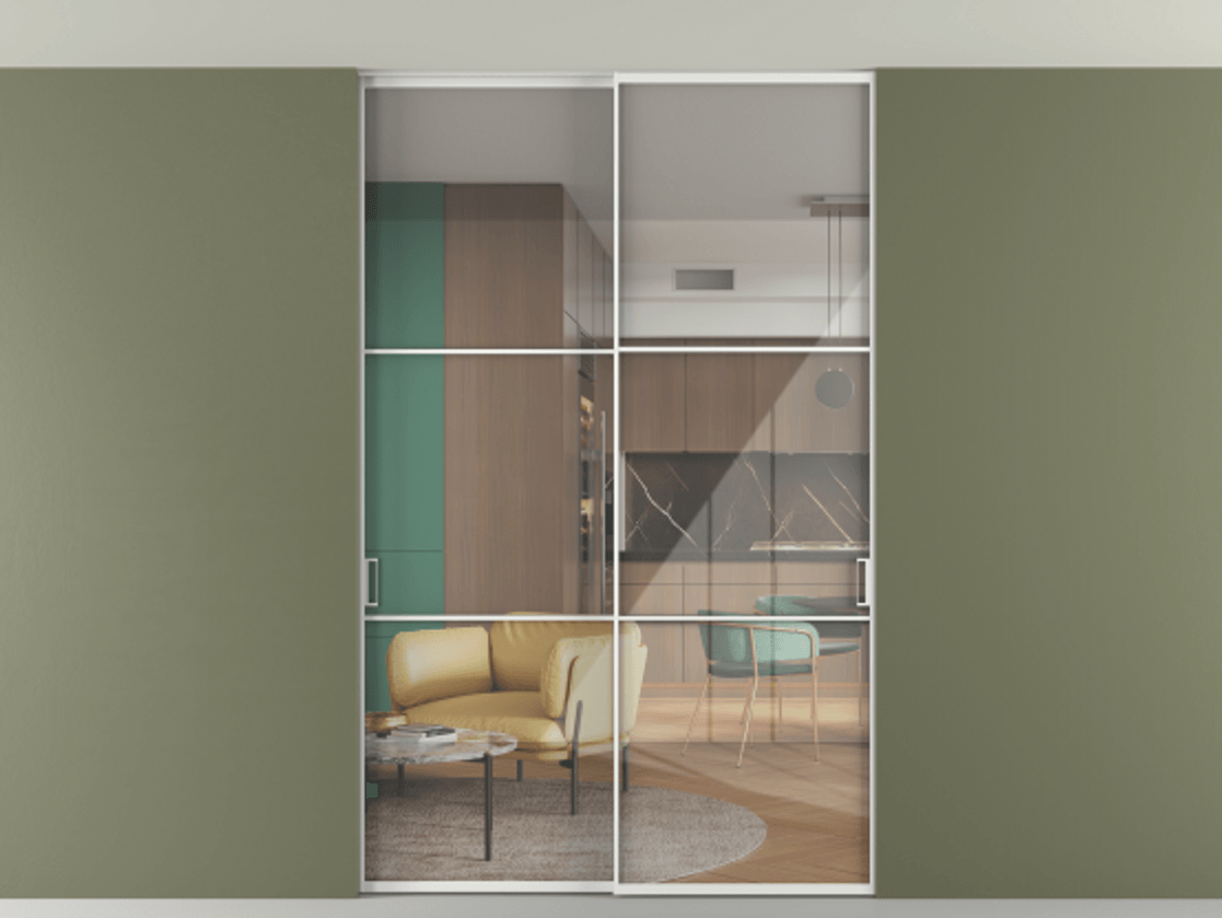 Перегородка Формато внутри проёма скрытое крепление в потолок 2 створки АЛПР 040.03 Алюминий белоснежный Рефлективное прозрачное стекло "Стопсол", калёное Цена 305520 ₽ | Volhovec