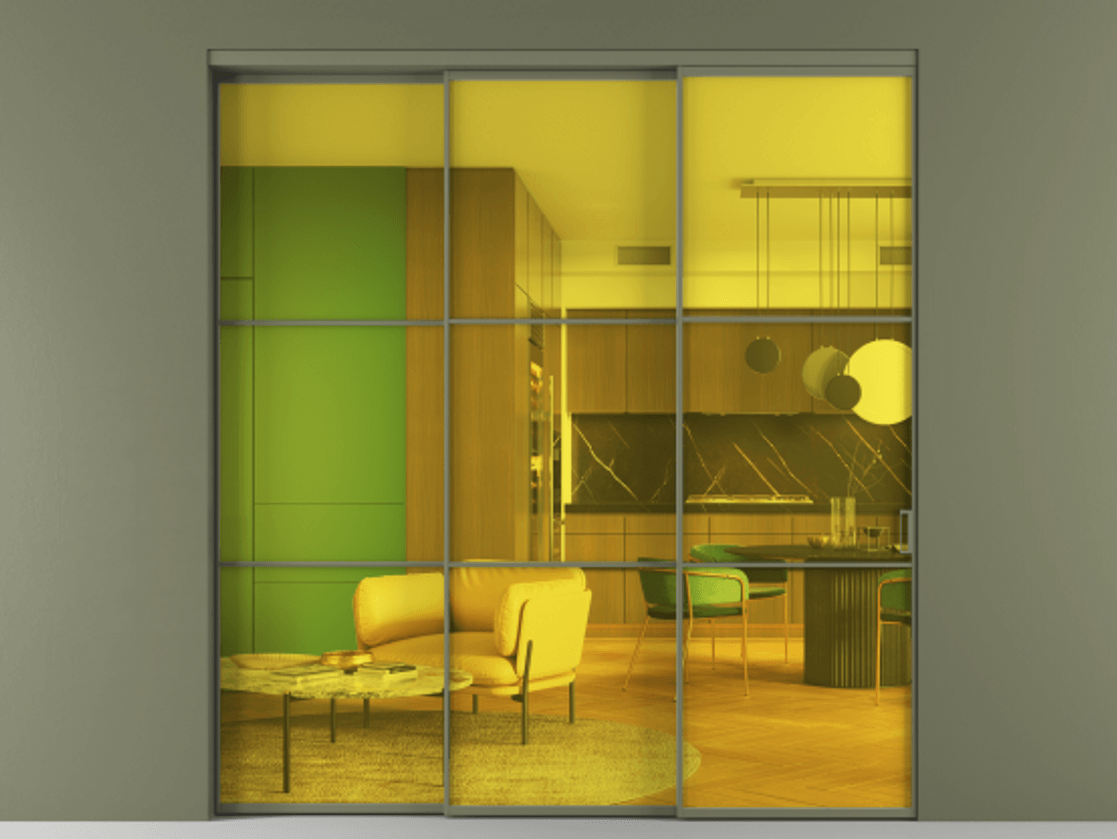 Перегородка Formato внутри проёма 3 створки с синхронным механизмом АЛПР 040.03 Алюминий оливковый тёмный Прозрачное жёлтое стекло, триплекс Цена 344540 ₽  | Volhovec