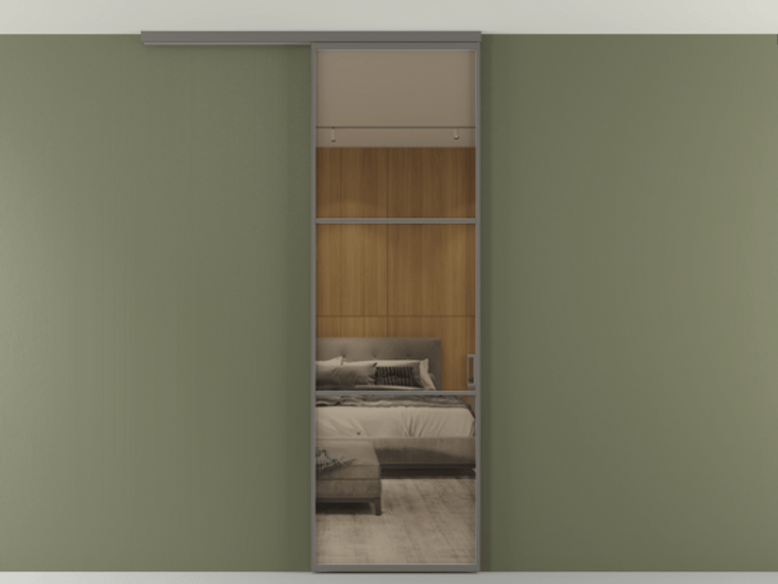 Перегородка Формато вдоль стены на потолок 1 створка АЛПР 040.03 Алюминий классический серый Рефлективное бронзовое стекло "Стопсол", калёное Цена 107388 ₽ | Volhovec