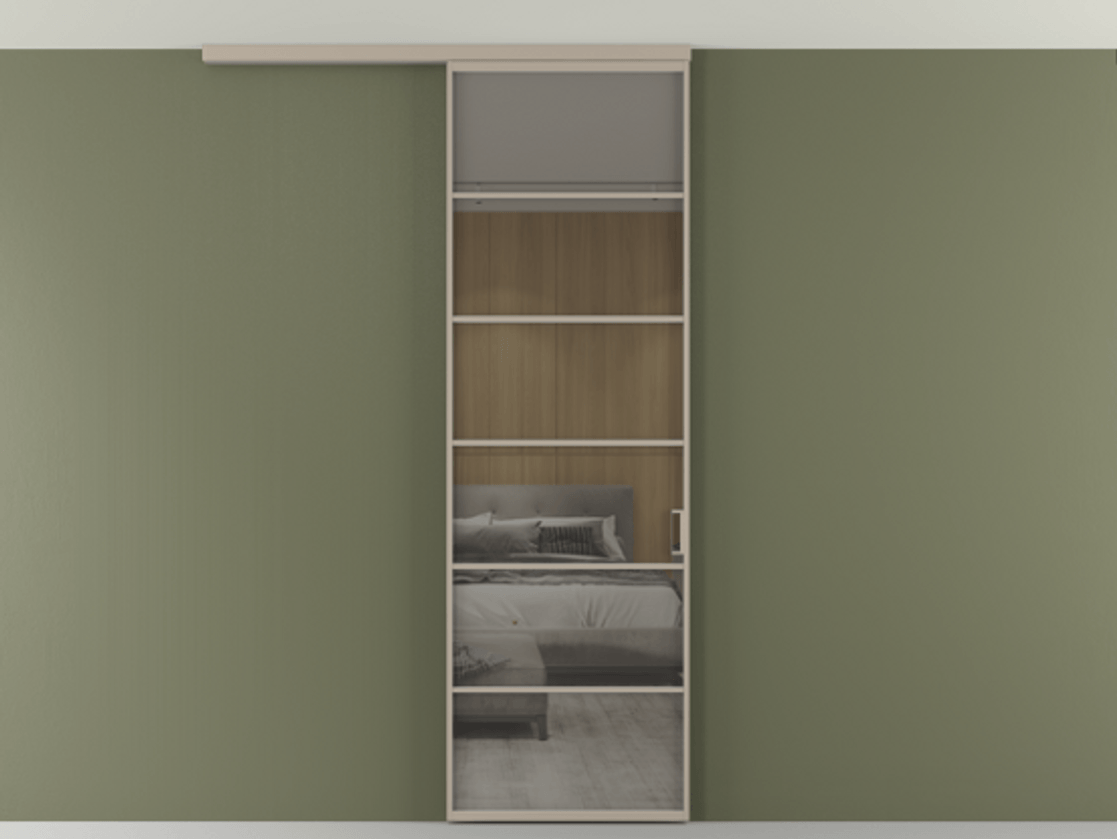 Перегородка Formato вдоль стены на потолок 1 створка АЛПР 040.04 Алюминий бисквитный Рефлективное серое стекло "Stopsol", калёное Цена 134090 ₽ | Volhovec