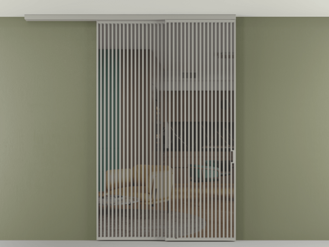 Перегородка Формато вдоль стены на потолок 2 створки с синхронным механизмом АЛПР 040.06 Алюминий нейтральный серый Прозрачное серое стекло, триплекс Цена 450456 ₽ | Volhovec