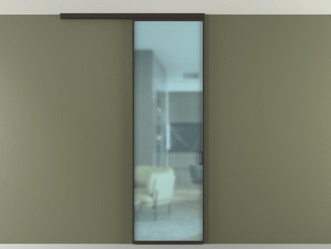 Перегородка Формато вдоль стены на потолок 1 створка АЛПР 040.01 Алюминий антрацит Сатинированное голубое стекло, триплекс Цена 92403 ₽ | Volhovec