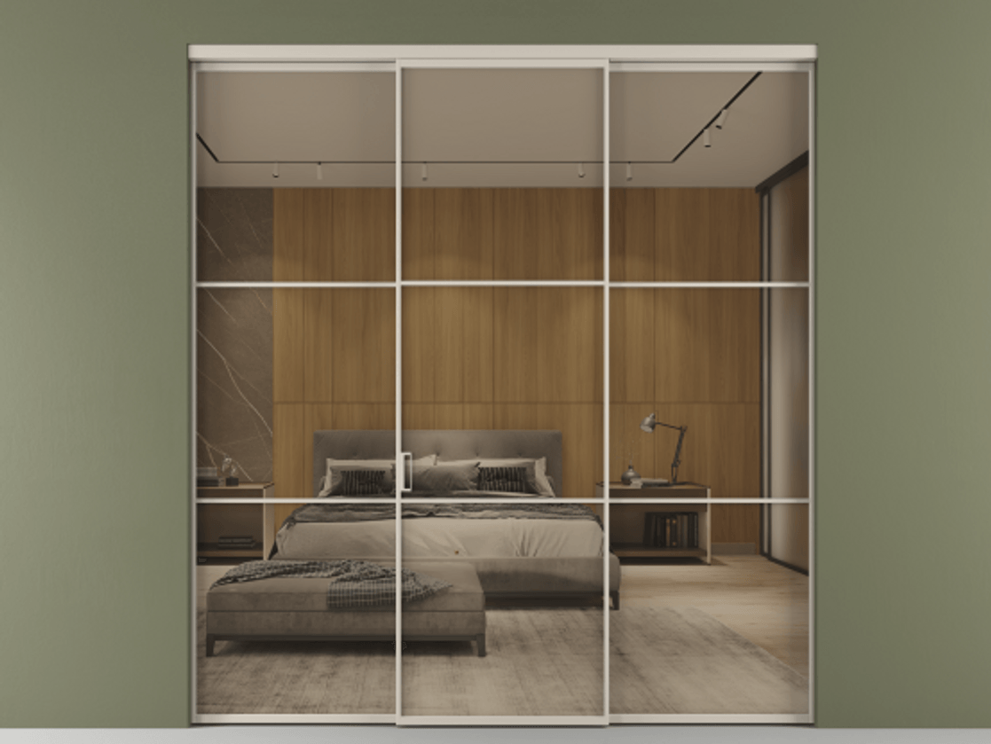 Перегородка Formato внутри проёма 3 створки АЛПР 040.03 Алюминий светло-бежевый Рефлективное бронзовое стекло "Stopsol", калёное Цена 317600 ₽ | Volhovec