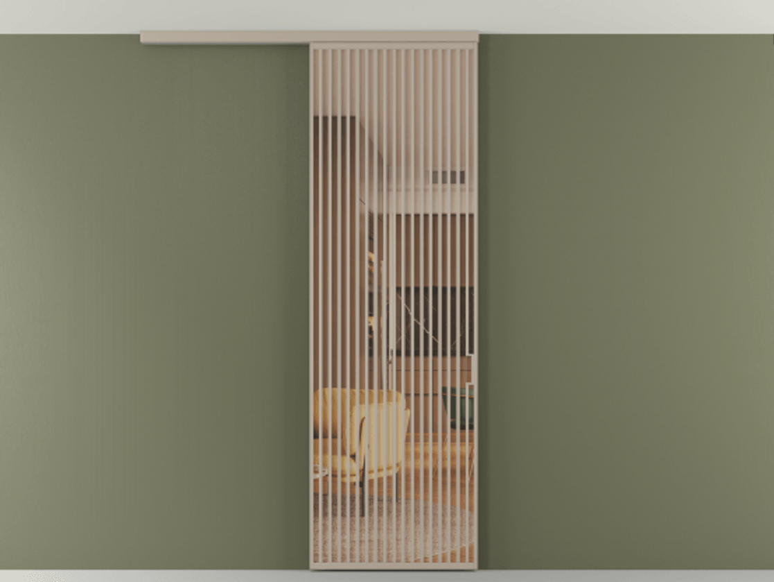 Перегородка Формато вдоль стены на потолок 1 створка АЛПР 040.06 Алюминий бисквитный Прозрачное оранжевое стекло, триплекс Цена 177708 ₽ | Volhovec