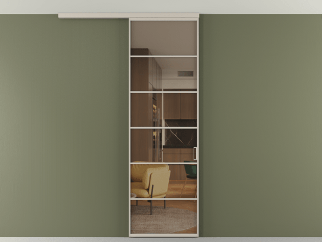 Перегородка Формато вдоль стены на потолок 1 створка АЛПР 040.04 Алюминий светло-бежевый Прозрачное бронзовое стекло, триплекс Цена 107852 ₽ | Volhovec