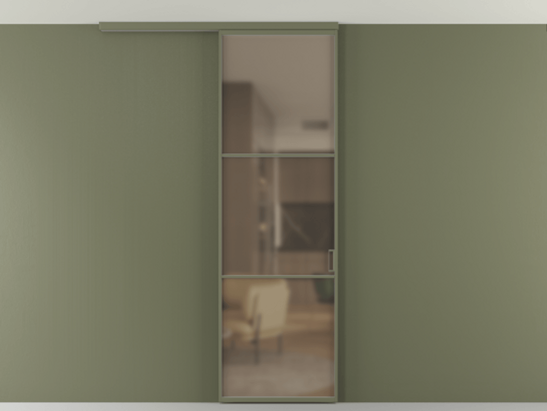 Перегородка Формато вдоль стены на потолок 1 створка АЛПР 040.03 Алюминий оливковый тёмный Сатинированное бронзовое стекло, триплекс Цена 100988 ₽ | Volhovec