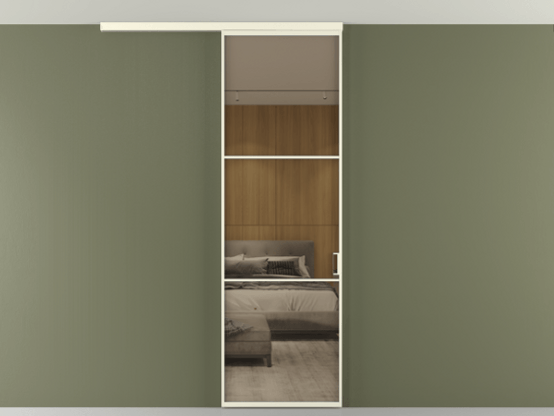 Перегородка Формато вдоль стены на потолок 1 створка АЛПР 040.03 Алюминий молочно-белый Рефлективное бронзовое стекло "Стопсол", калёное Цена 107388 ₽ | Volhovec