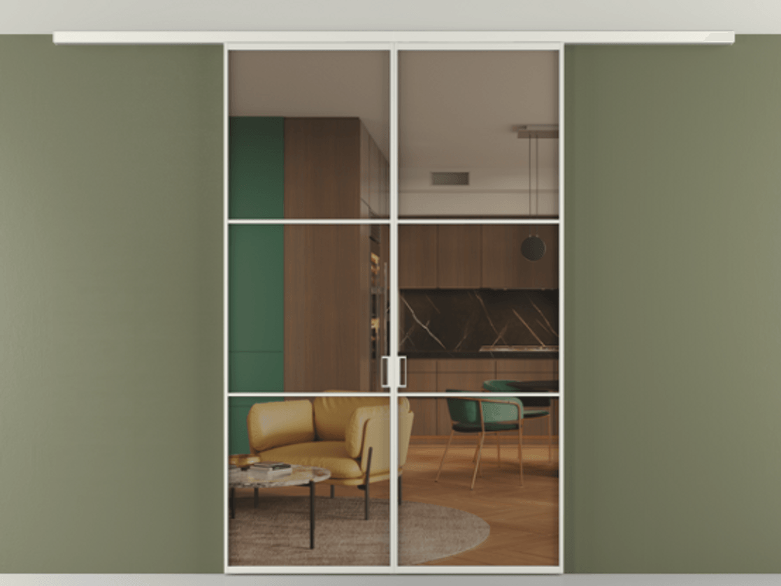 Перегородка Формато вдоль стены на потолок 2 створки АЛПР 040.03 Алюминий серый Прозрачное бронзовое стекло, триплекс Цена 186615 ₽ | Volhovec