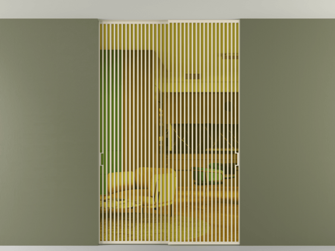 Перегородка Формато внутри проёма скрытое крепление в потолок 2 створки АЛПР 040.06 Алюминий бежево-серый Прозрачное жёлтое стекло, триплекс Цена 409915 ₽ | Volhovec