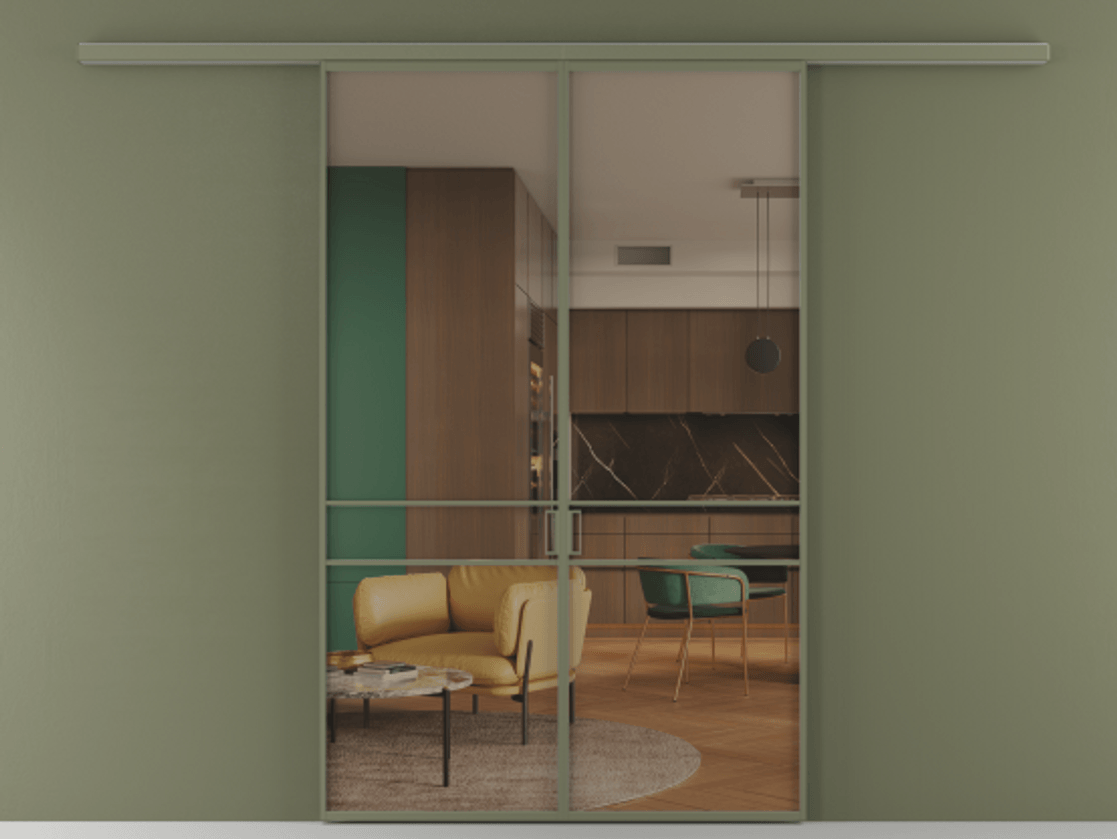 Перегородка Формато вдоль стены 2 створки АЛПР 040.02 Алюминий оливковый тёмный Прозрачное бронзовое стекло, триплекс Цена 195450 ₽ | Volhovec