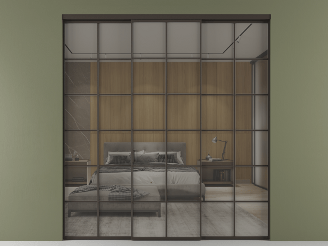 Перегородка Формато внутри проёма 3 створки АЛПР 040.05 Алюминий антрацит Рефлективное серое стекло "Стопсол", калёное Цена 341000 ₽ | Volhovec