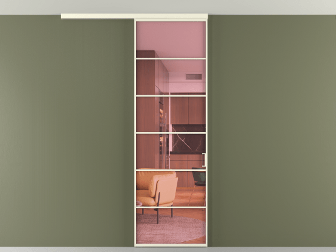 Перегородка Формато вдоль стены на потолок 1 створка АЛПР 040.04 Алюминий молочно-белый Прозрачное розовое стекло, триплекс Цена 103293 ₽ | Volhovec