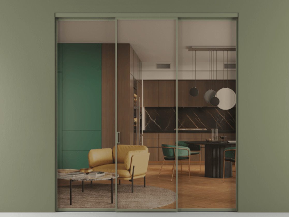 Перегородка Formato внутри проёма 3 створки АЛПР 040.01 Алюминий оливковый тёмный Прозрачное бронзовое стекло, триплекс Цена 225125 ₽ | Volhovec