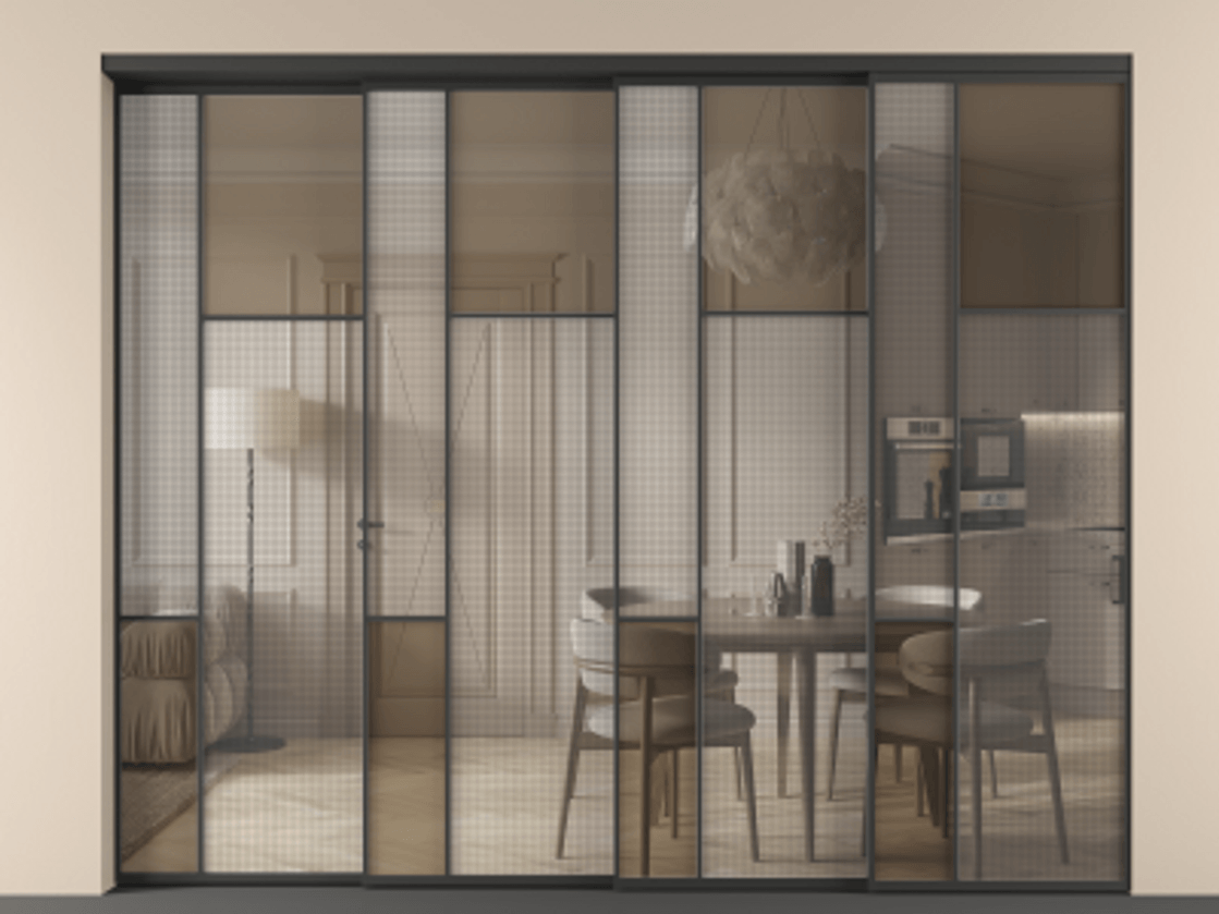 Перегородка Mosaic внутри проёма телескопик синхро 3 АЛПР 041.11 Алюминий Черный Mesh silver + Бронза прозрачное триплекс Цена 552220 ₽ | Volhovec