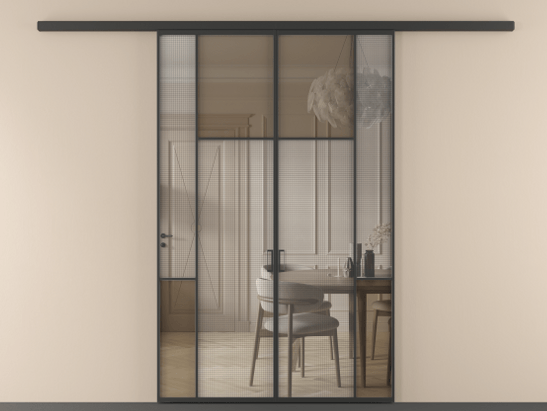 Перегородка Mosaic вдоль стены двустворчатая АЛПР 041.10 Алюминий Черный Mesh silver + Бронза прозрачное триплекс Цена 251560 ₽ | Volhovec