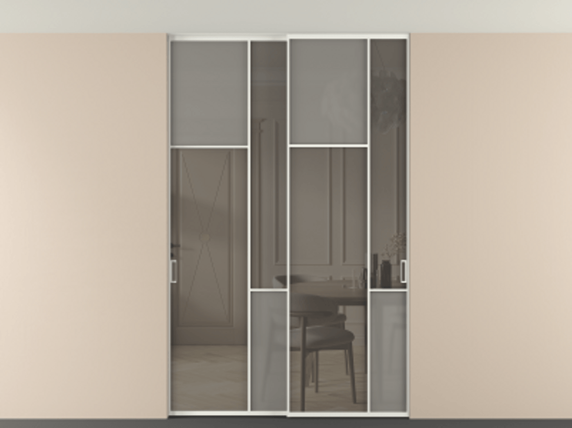 Перегородка Мозаик внутри проёма скрытое крепление в потолок 2 створки АЛПР 041.10 Алюминий светло-серый Сатинированное серое стекло, триплекс, 6 мм + Прозрачное серое стекло, триплекс Цена 324580 ₽ | Volhovec