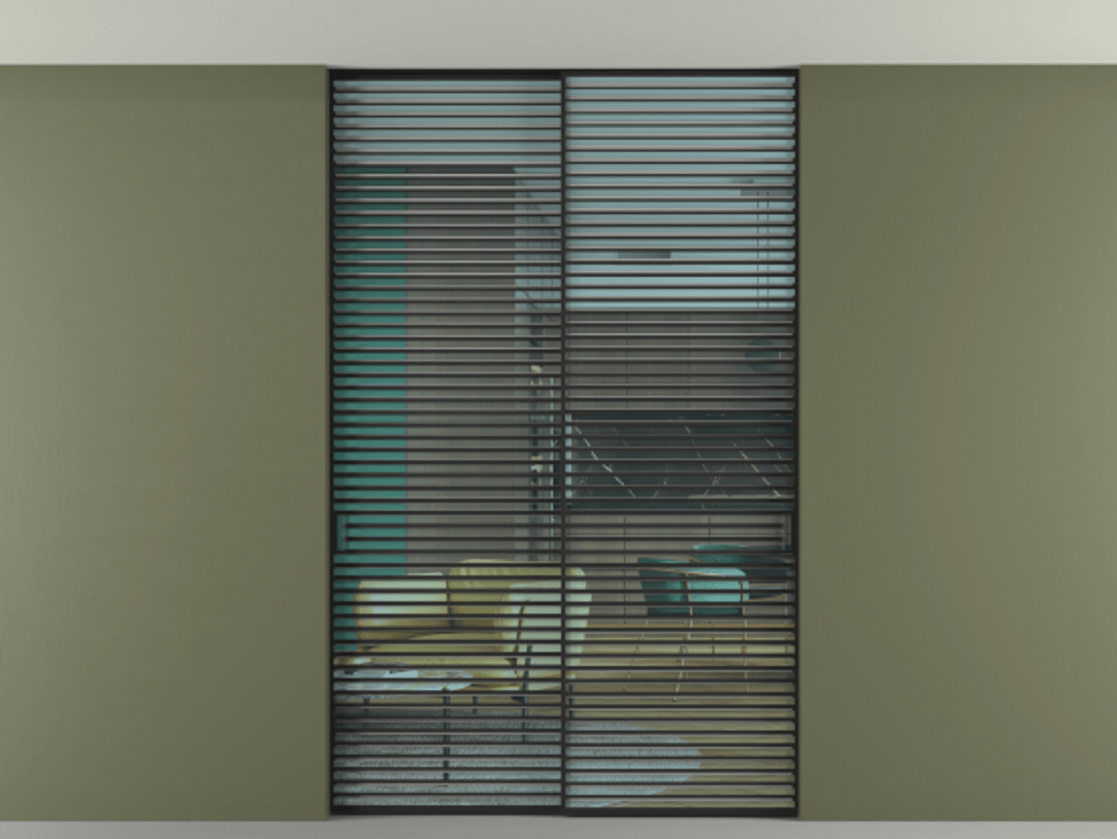 Перегородка Formato внутри проёма скрытое крепление в потолок 2 створки АЛПР 040.07 Алюминий Черный Прозрачное голубое стекло, триплекс Цена 475460 ₽ | Volhovec