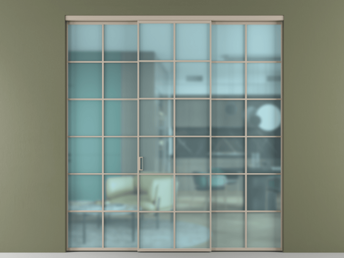 Перегородка Формато внутри проёма 3 створки АЛПР 040.05 Алюминий бисквитный Сатинированное голубое стекло, триплекс Цена 254825 ₽ | Volhovec