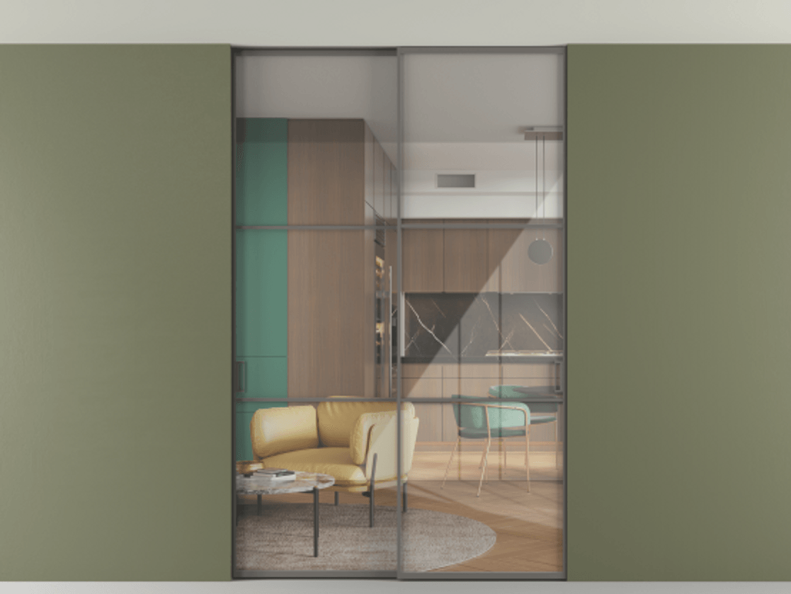 Перегородка Формато внутри проёма скрытое крепление в потолок 2 створки АЛПР 040.03 Алюминий классический серый Рефлективное прозрачное стекло "Стопсол", калёное Цена 305520 ₽ | Volhovec