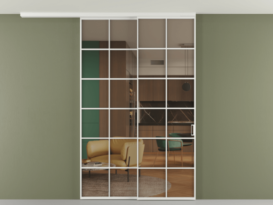 Перегородка Формато вдоль стены на потолок 2 створки с синхронным механизмом АЛПР 040.05 Алюминий белоснежный Прозрачное бронзовое стекло, триплекс Цена 291704 ₽ | Volhovec