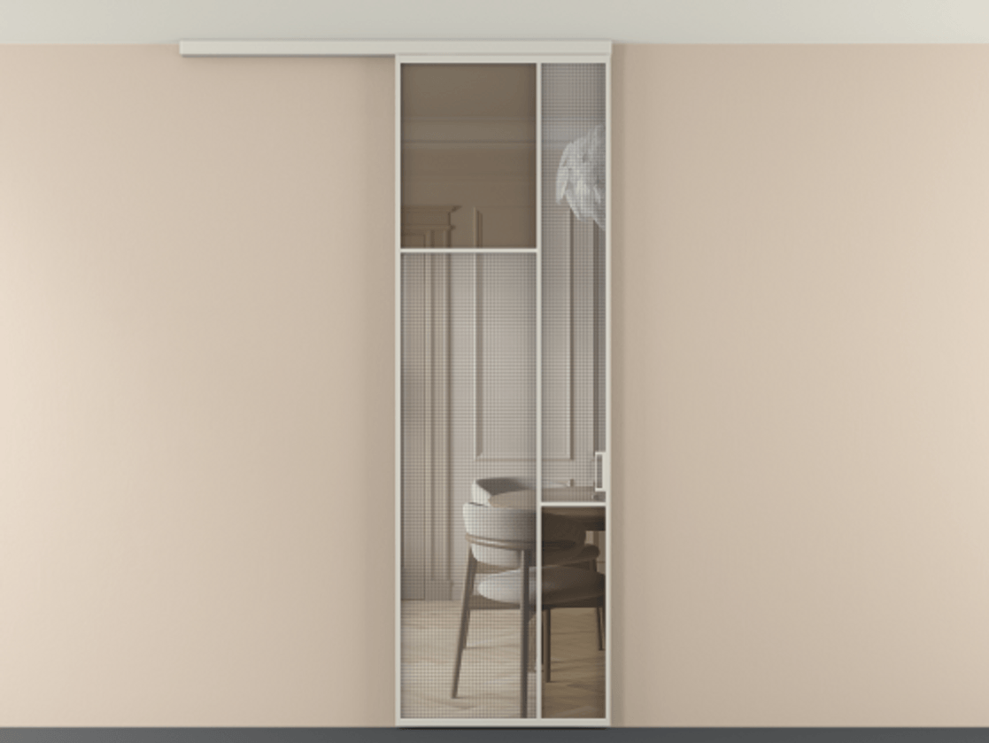 Перегородка Mosaic вдоль стены на потолок 1 створка АЛПР 041.10 Алюминий тёплый серый Декоративное стекло с сеткой "Mesh silver", триплекс, 6 мм + Прозрачное бронзовое стекло, триплекс Цена 141040 ₽ | Volhovec