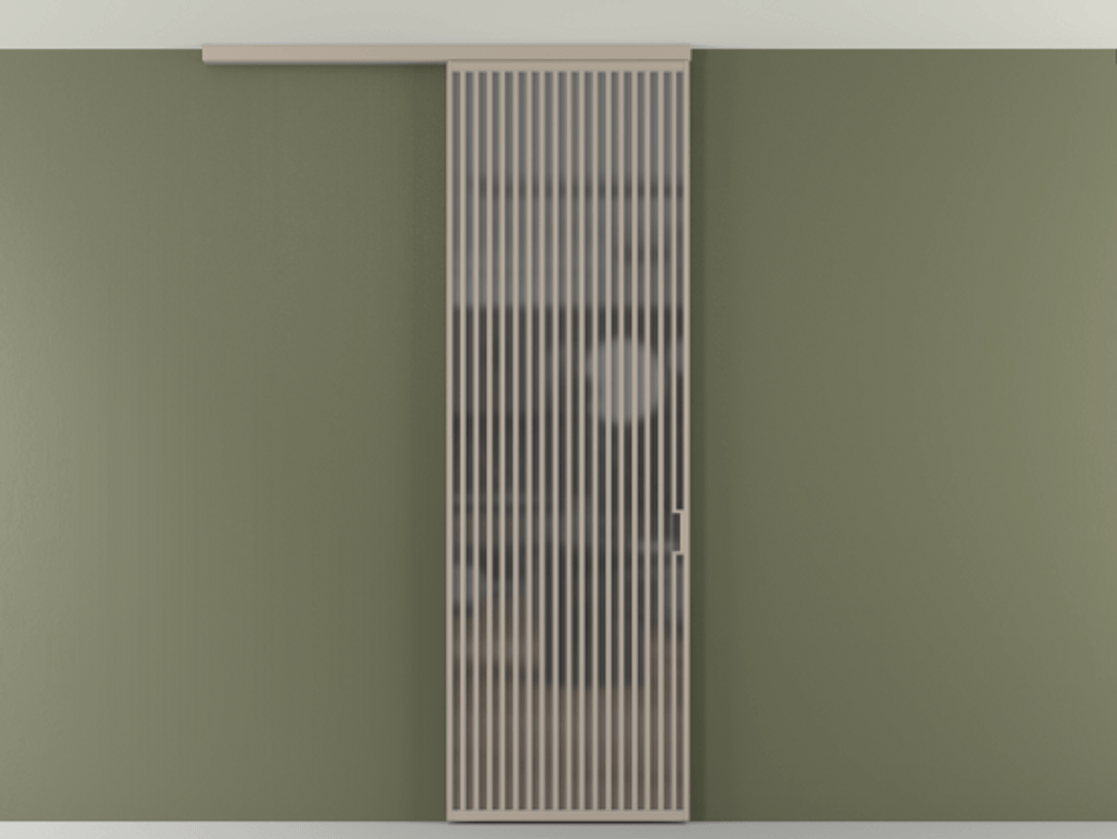 Перегородка Формато вдоль стены на потолок 1 створка АЛПР 040.06 Алюминий бисквитный Сатинированное серое стекло, триплекс Цена 187228 ₽ | Volhovec