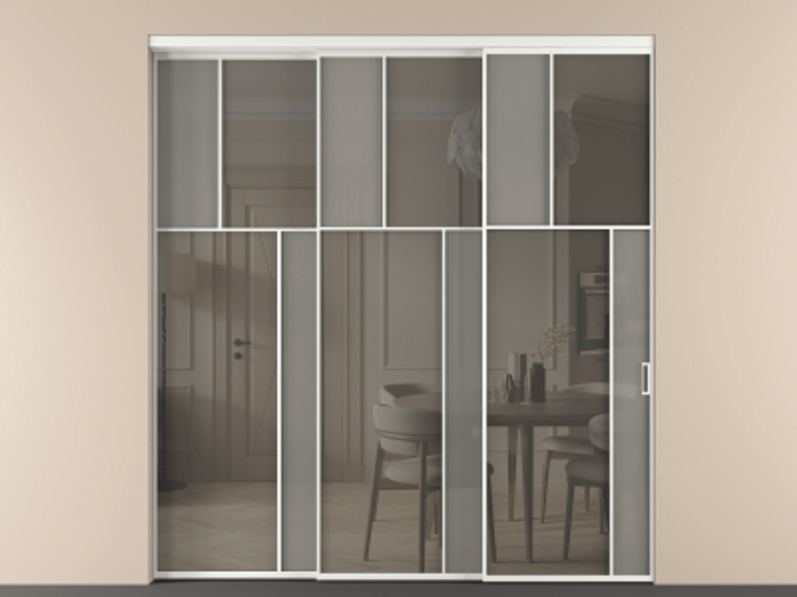 Перегородка Мозаик внутри проёма 3 створки с синхронным механизмом АЛПР 041.23 Алюминий белоснежный Сатинированное серое стекло, триплекс, 6 мм + Прозрачное серое стекло, триплекс Цена 437390 ₽ | Volhovec