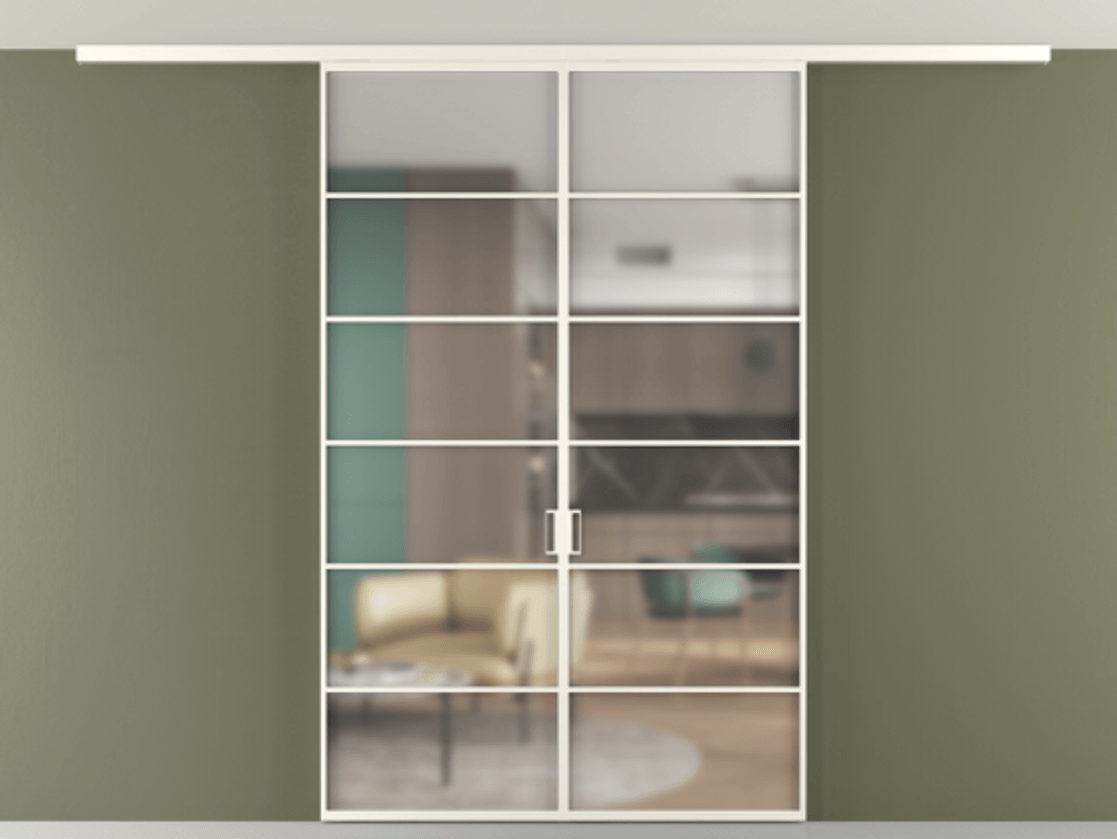 Перегородка Формато вдоль стены на потолок 2 створки АЛПР 040.04 Алюминий пудровый белый Сатинированное стекло "Мателюкс Кристал Вижн", калёное, матовое, каленое 6 мм Цена 261080 ₽ | Volhovec