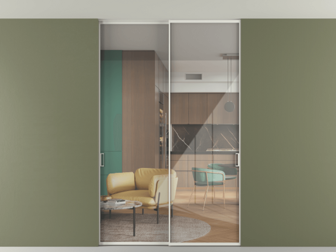 Перегородка Formato внутри проёма скрытое крепление в потолок 2 створки АЛПР 040.01 Алюминий серый Рефлективное прозрачное стекло "Stopsol", калёное Цена 293640 ₽ | Volhovec