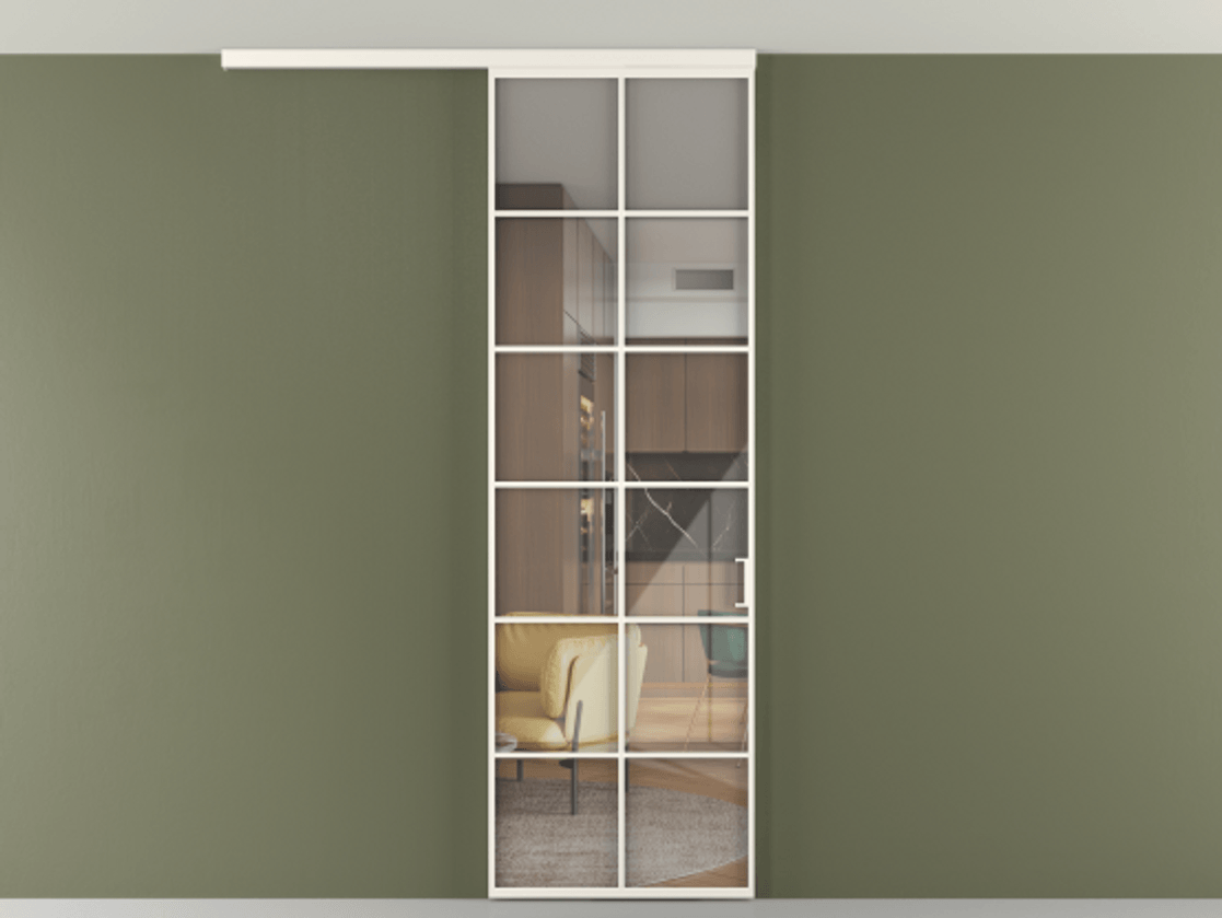 Перегородка Формато вдоль стены на потолок 1 створка АЛПР 040.05 Алюминий пудровый белый Рефлективное прозрачное стекло "Стопсол", калёное Цена 134090 ₽ | Volhovec