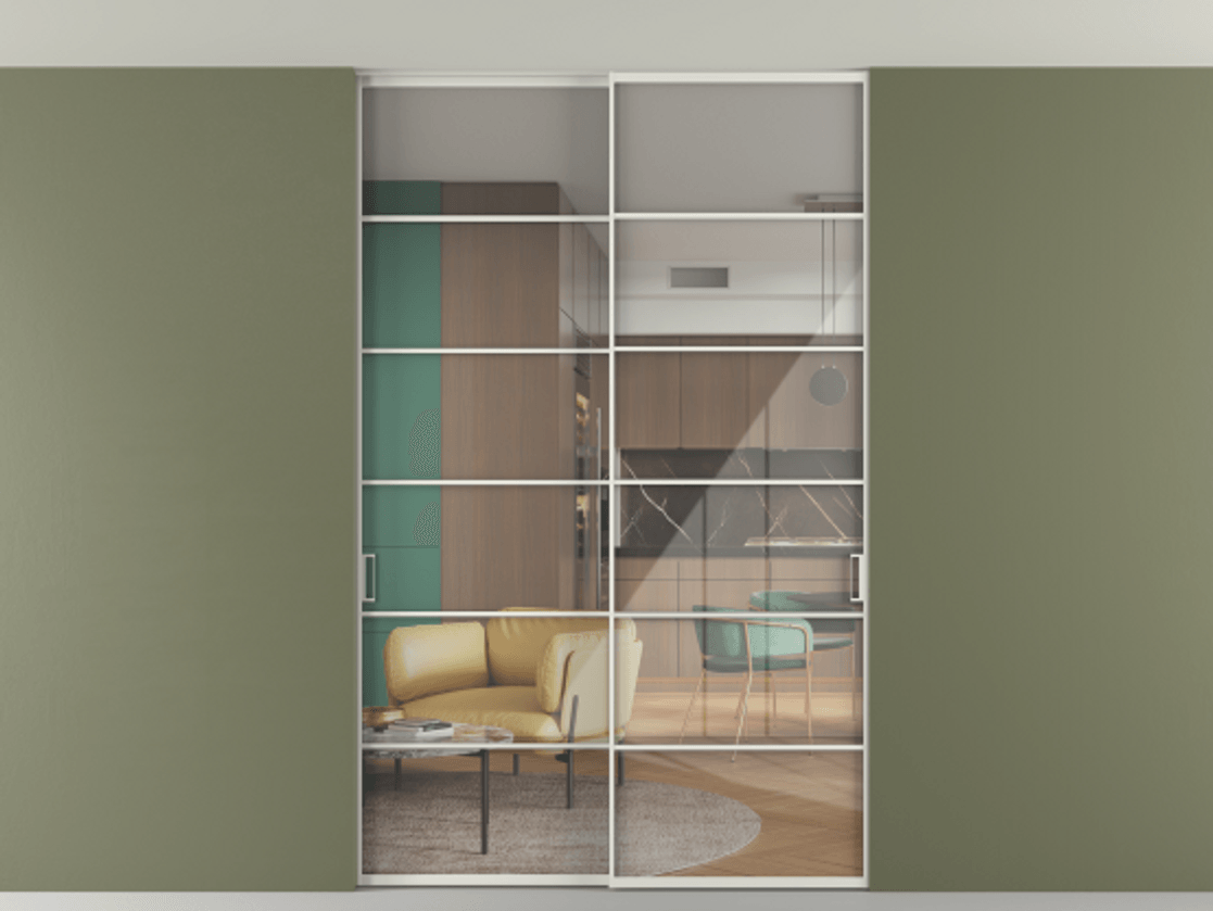 Перегородка Формато внутри проёма скрытое крепление в потолок 2 створки АЛПР 040.04 Алюминий серый Рефлективное прозрачное стекло "Стопсол", калёное Цена 322680 ₽ | Volhovec