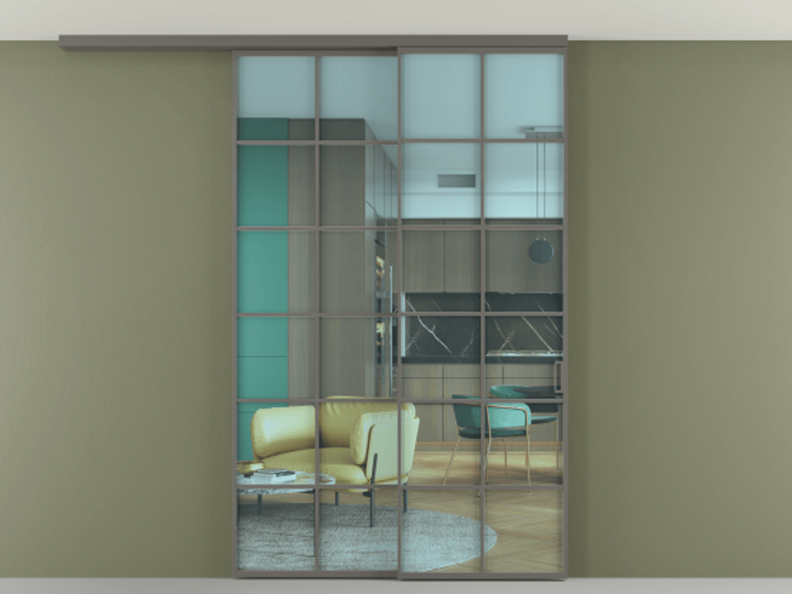 Перегородка Formato вдоль стены на потолок 2 створки с синхронным механизмом АЛПР 040.05 Алюминий классический серый Прозрачное голубое стекло, триплекс Цена 59215970 so'm | Volhovec