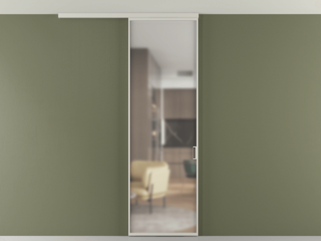 Перегородка Формато вдоль стены на потолок 1 створка АЛПР 040.01 Алюминий тёплый серый Сатинированное стекло "Мателюкс Кристал Вижн", калёное, матовое, каленое 6 мм Цена 119570 ₽ | Volhovec