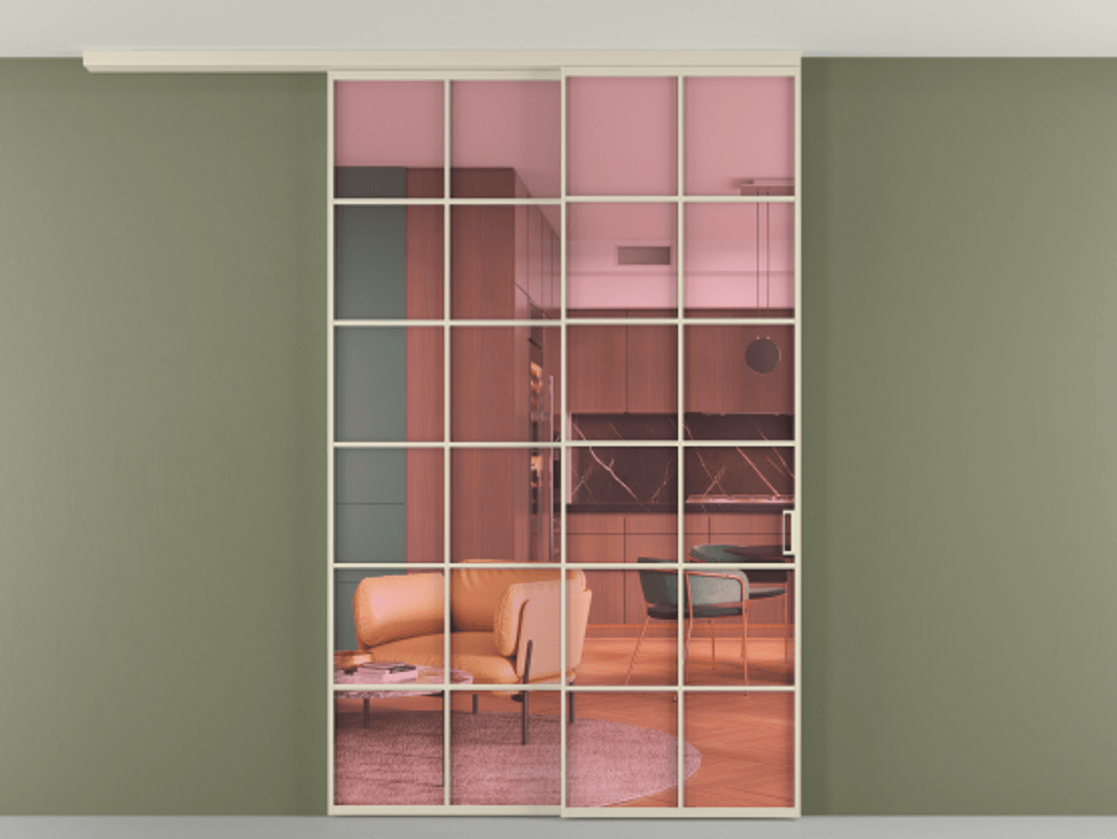 Перегородка Formato вдоль стены на потолок 2 створки с синхронным механизмом АЛПР 040.05 Алюминий бежево-серый Прозрачное розовое стекло, триплекс Цена 328180 ₽ | Volhovec