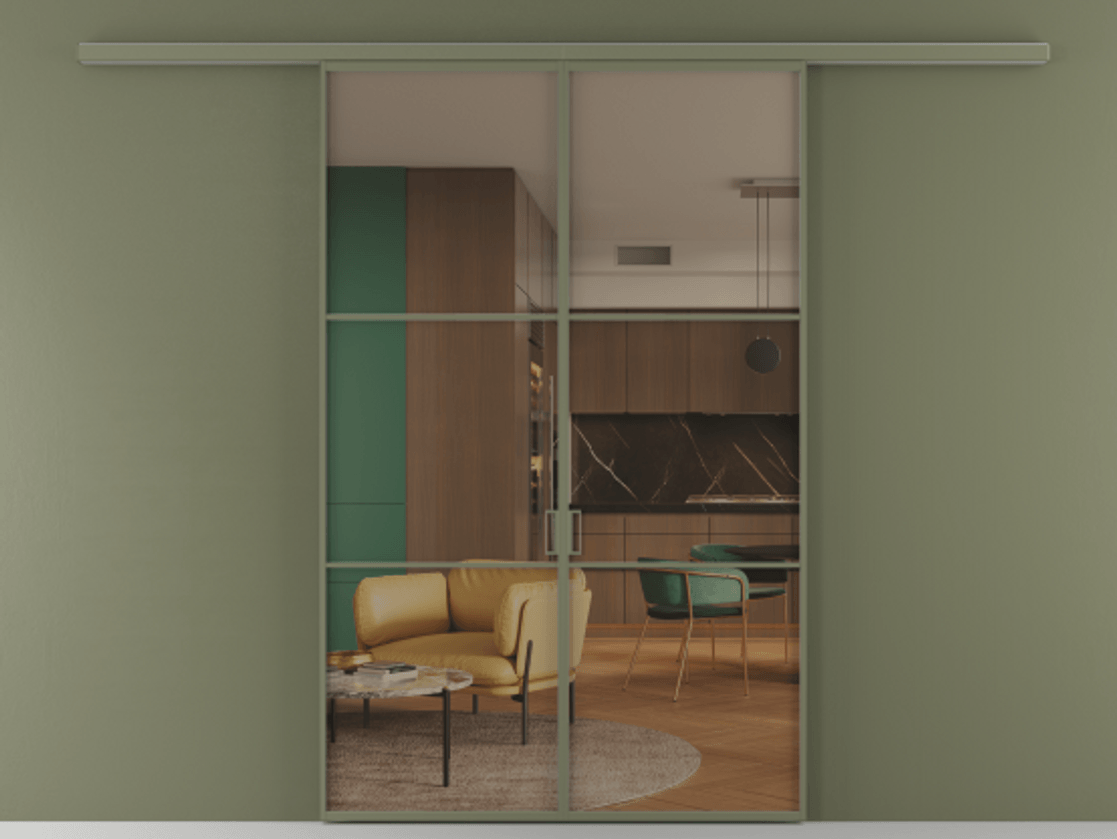 Перегородка Формато вдоль стены 2 створки АЛПР 040.03 Алюминий оливковый тёмный Прозрачное бронзовое стекло, триплекс Цена 195450 ₽ | Volhovec