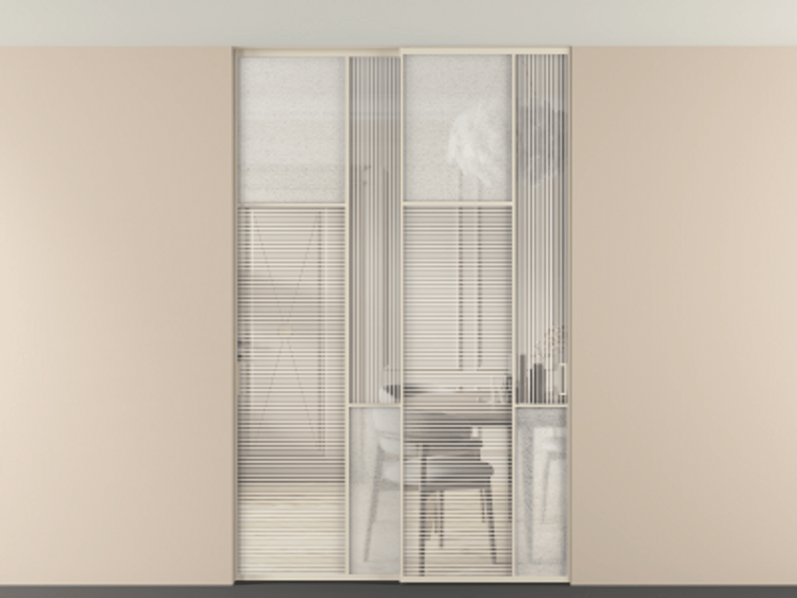 Перегородка Мозаик внутри проёма скрытое крепление в потолок 2 створки АЛПР 041.10 Алюминий бежево-серый Рифлёное стекло "Дюна", триплекс, 6 мм + Фактурное стекло "Лёд", триплекс Цена 340580 ₽ | Volhovec