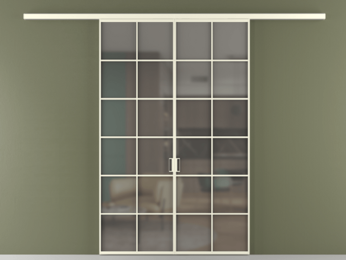 Перегородка Формато вдоль стены 2 створки АЛПР 040.05 Алюминий молочно-белый Сатинированное серое стекло, триплекс Цена 207150 ₽ | Volhovec