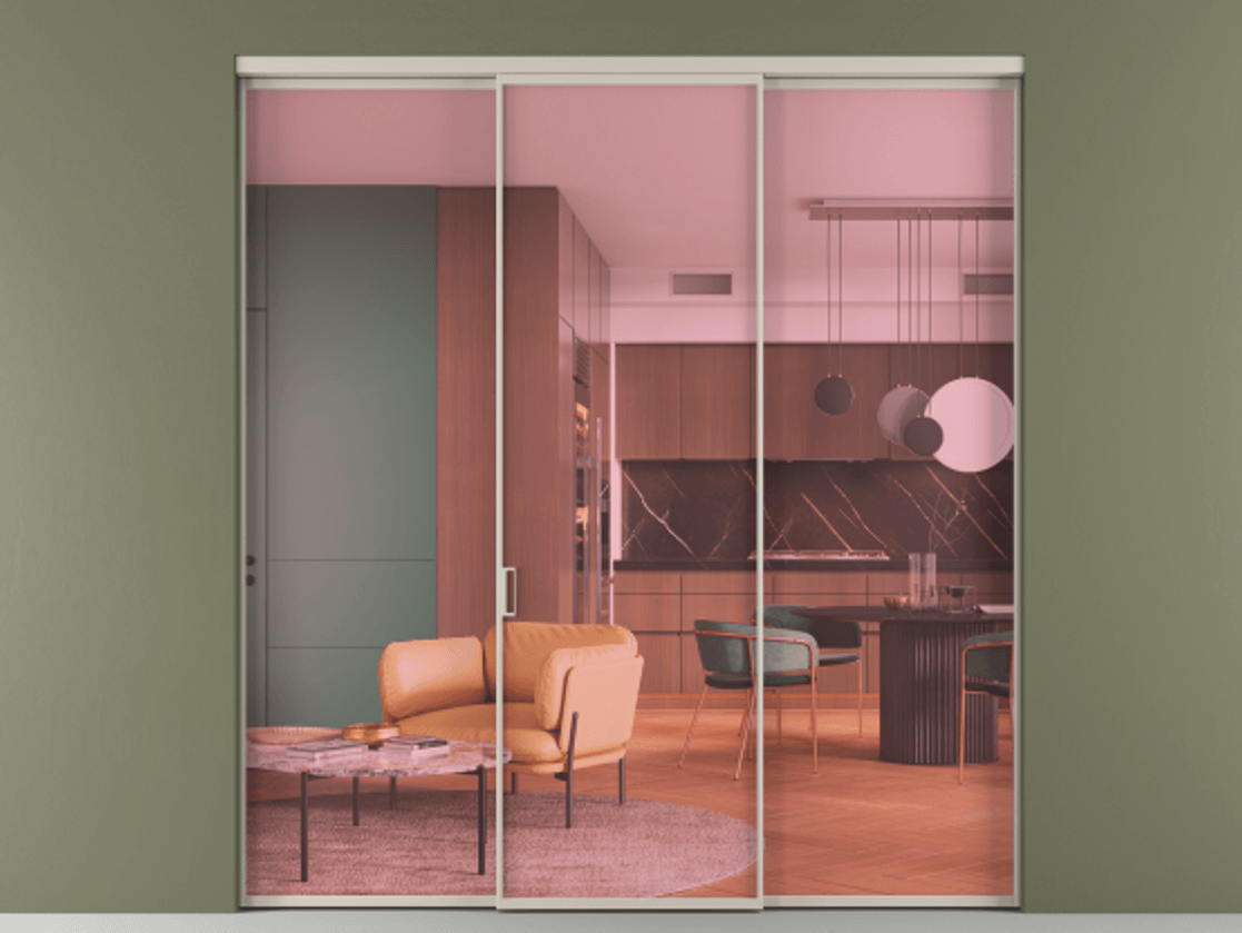 Перегородка Формато внутри проёма 3 створки АЛПР 040.01 Алюминий светло-бежевый Прозрачное розовое стекло, триплекс Цена 225125 ₽ | Volhovec