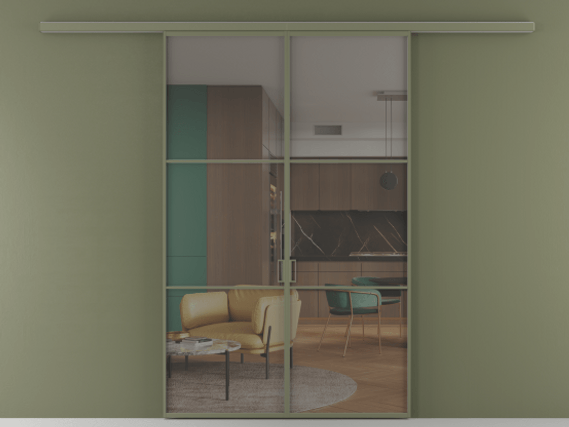 Перегородка Формато вдоль стены 2 створки АЛПР 040.03 Алюминий оливковый тёмный Прозрачное серое стекло, триплекс Цена 195450 ₽ | Volhovec