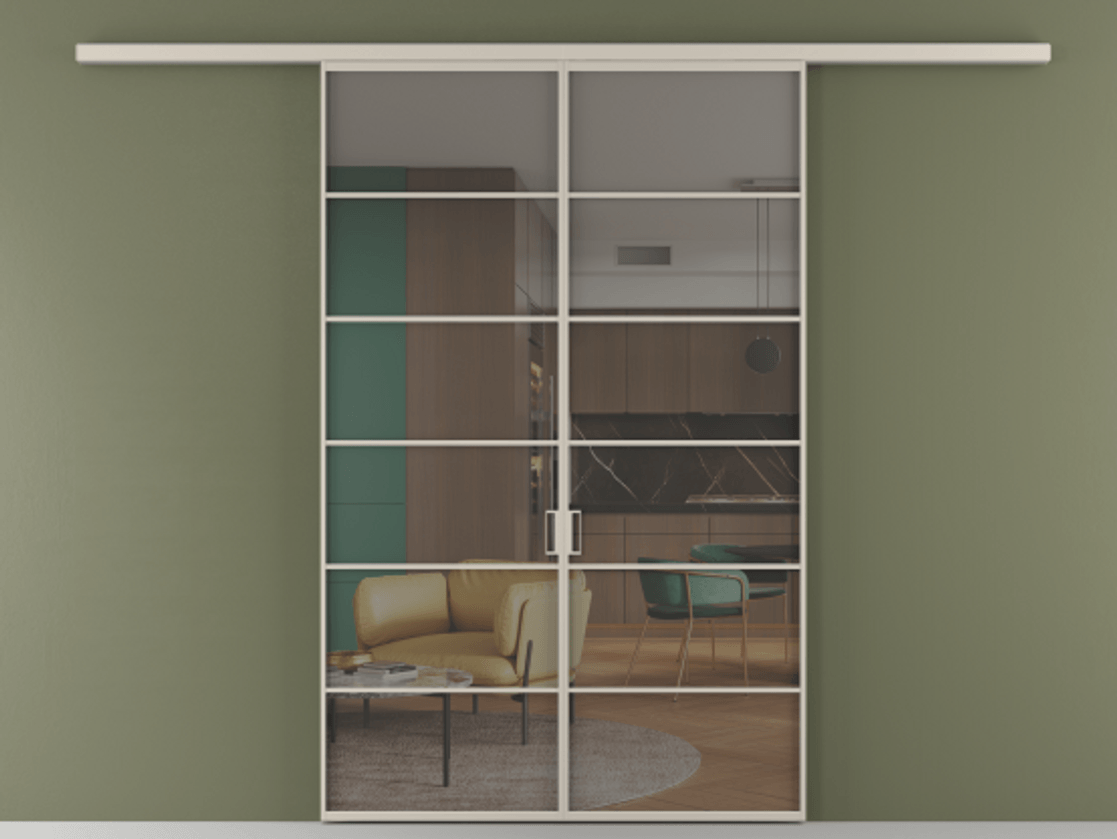 Перегородка Формато вдоль стены 2 створки АЛПР 040.04 Алюминий светло-бежевый Прозрачное серое стекло, триплекс Цена 42051450 so'm | Volhovec