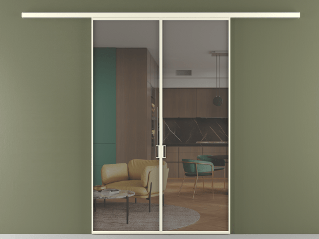 Перегородка Формато вдоль стены 2 створки АЛПР 040.01 Алюминий молочно-белый Прозрачное серое стекло, триплекс Цена 187350 ₽ | Volhovec