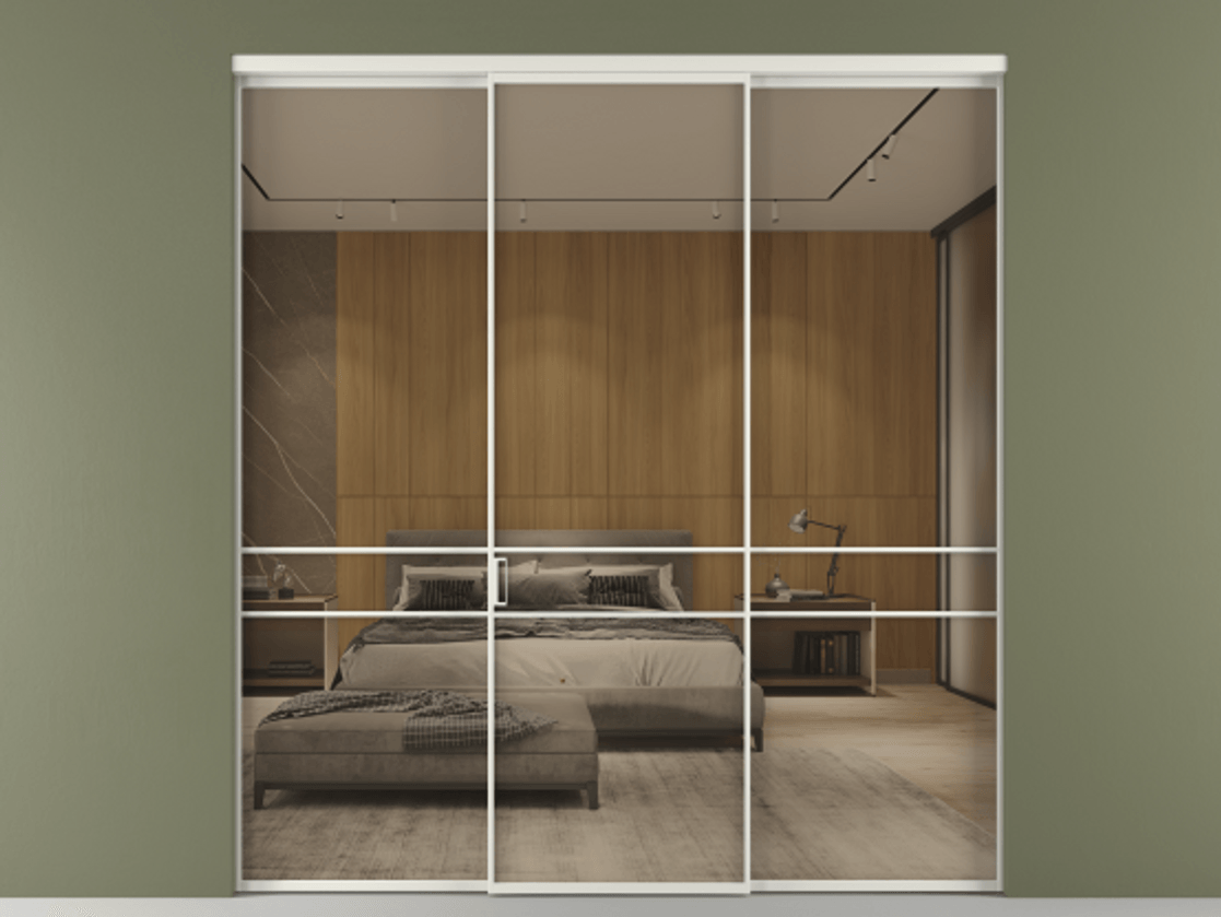 Перегородка Формато внутри проёма 3 створки АЛПР 040.02 Алюминий серый Рефлективное бронзовое стекло "Стопсол", калёное Цена 317600 ₽ | Volhovec