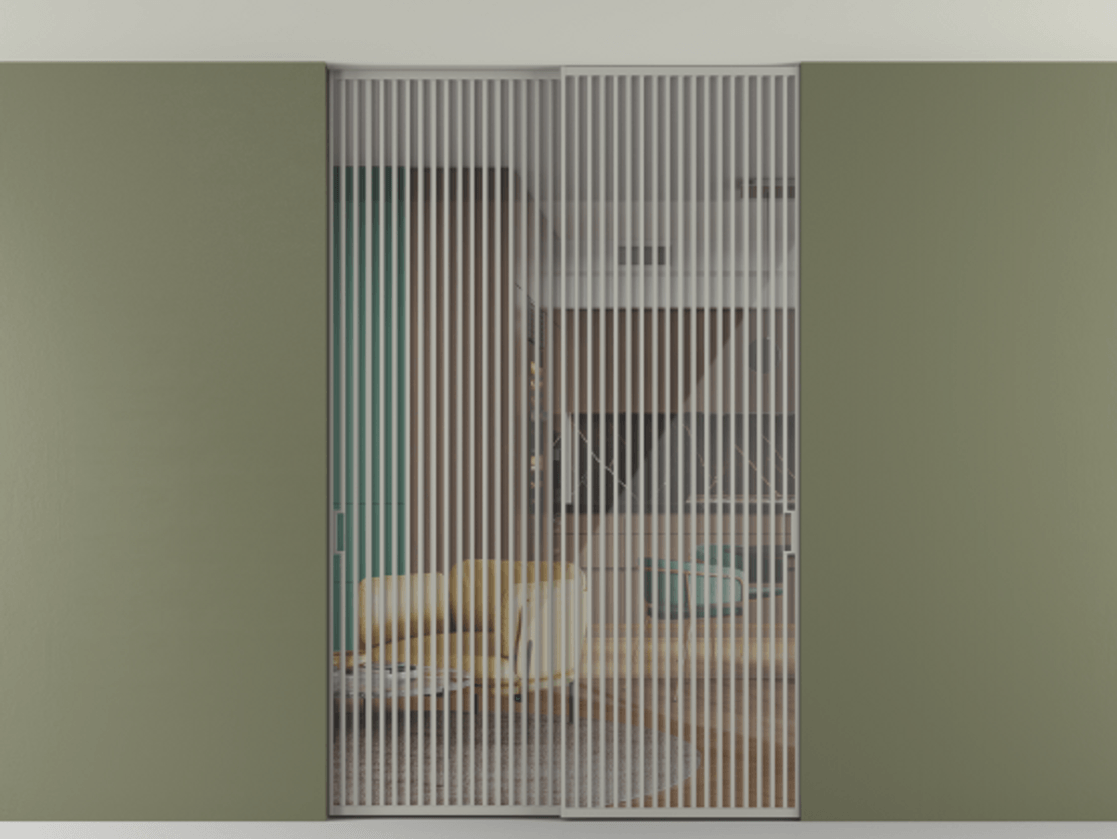 Перегородка Формато внутри проёма скрытое крепление в потолок 2 створки АЛПР 040.06 Алюминий нейтральный серый Рефлективное прозрачное стекло "Стопсол", калёное Цена 3514430 AMD | Volhovec