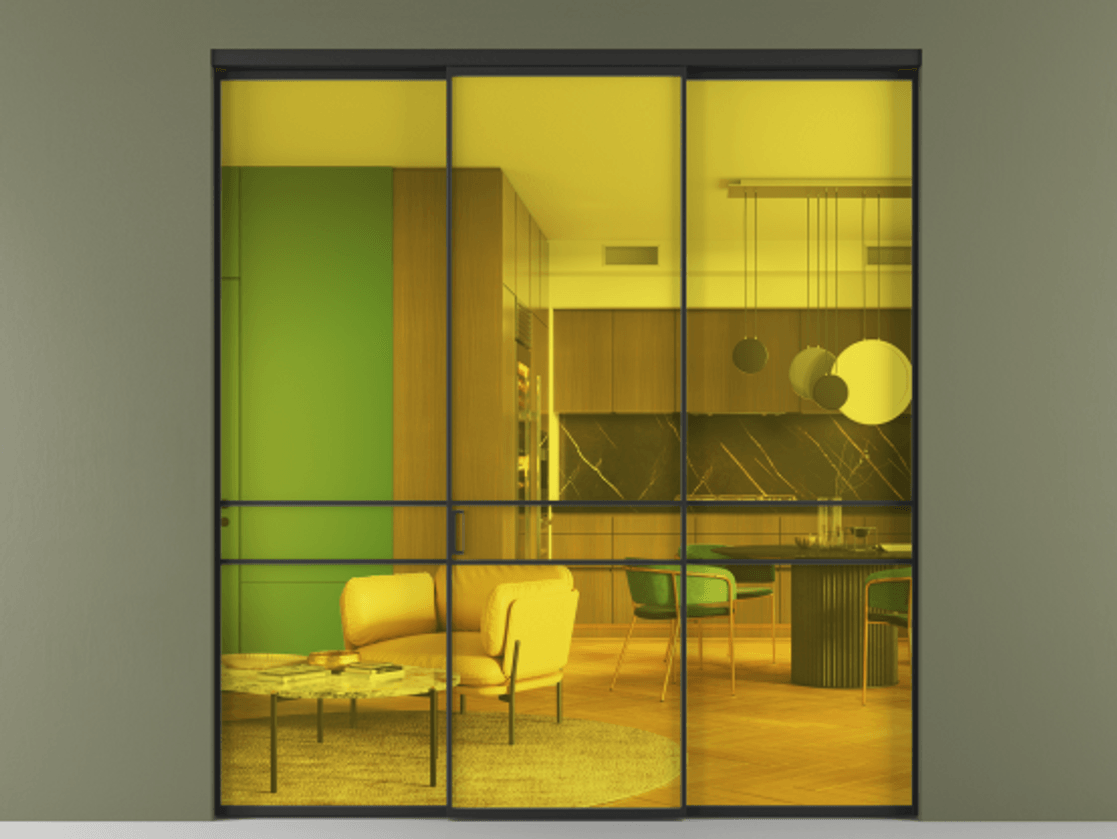 Перегородка Formato внутри проёма 3 створки АЛПР 040.02 Алюминий Черный Прозрачное жёлтое стекло, триплекс Цена 227975 ₽ | Volhovec