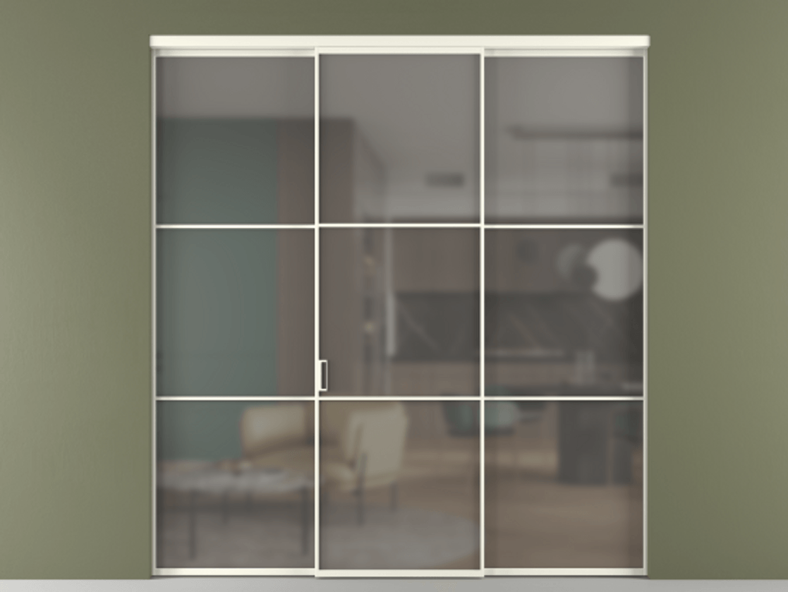 Перегородка Формато внутри проёма 3 створки АЛПР 040.03 Алюминий жемчужный Сатинированное серое стекло, триплекс Цена 237275 ₽ | Volhovec