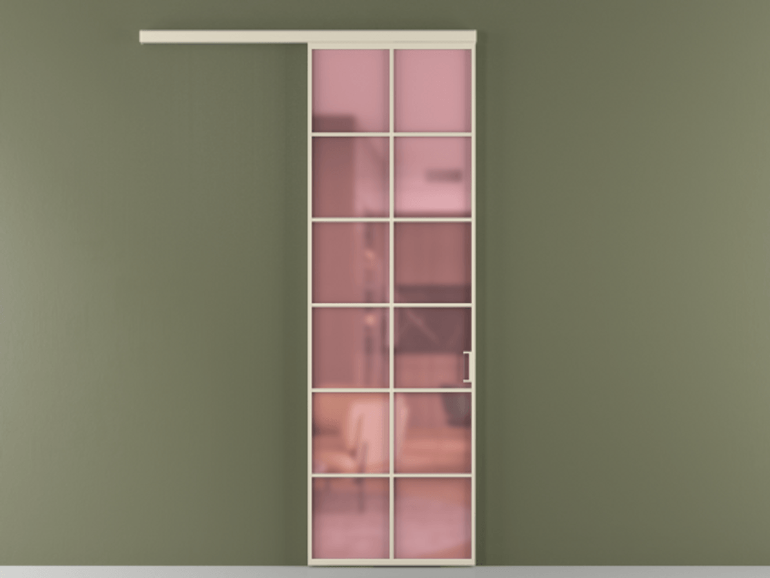 Межкомнатная дверь New Перегородка Formato вдоль стены одностворчатая АЛПР 040.05 Алюминий бежево-серый Сатинированное розовое стекло, триплекс Цена 15103200  | Volhovec