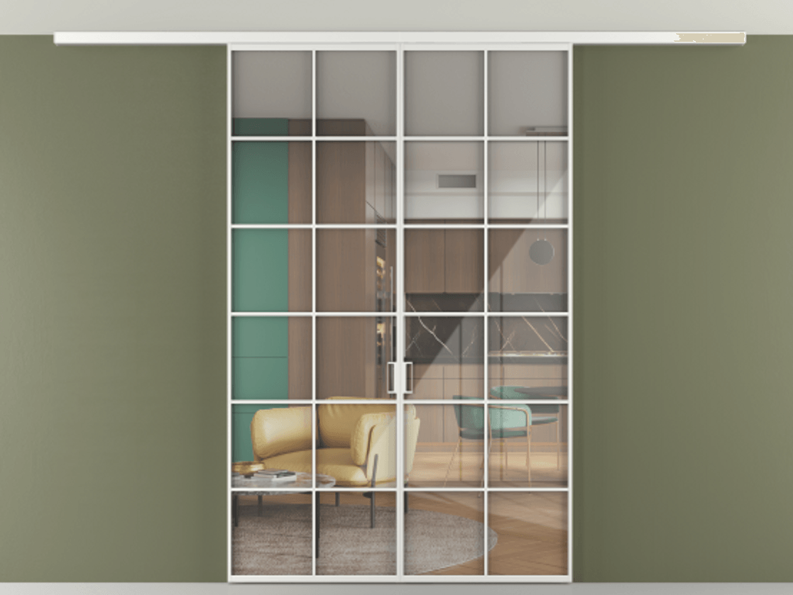 Перегородка Формато вдоль стены на потолок 2 створки АЛПР 040.05 Алюминий белоснежный Рефлективное прозрачное стекло "Стопсол", калёное Цена 221404 ₽ | Volhovec