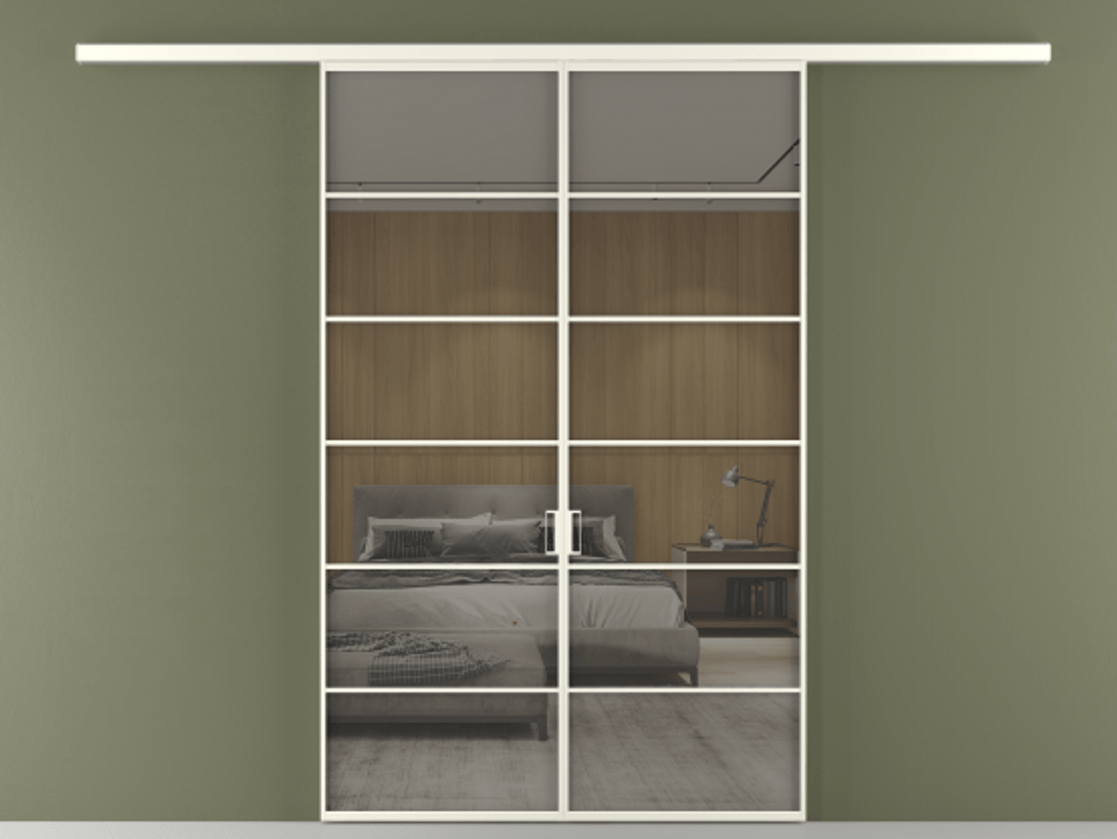 Перегородка Formato вдоль стены 2 створки АЛПР 040.04 Алюминий жемчужный Рефлективное серое стекло "Stopsol", калёное Цена 264600 ₽ | Volhovec