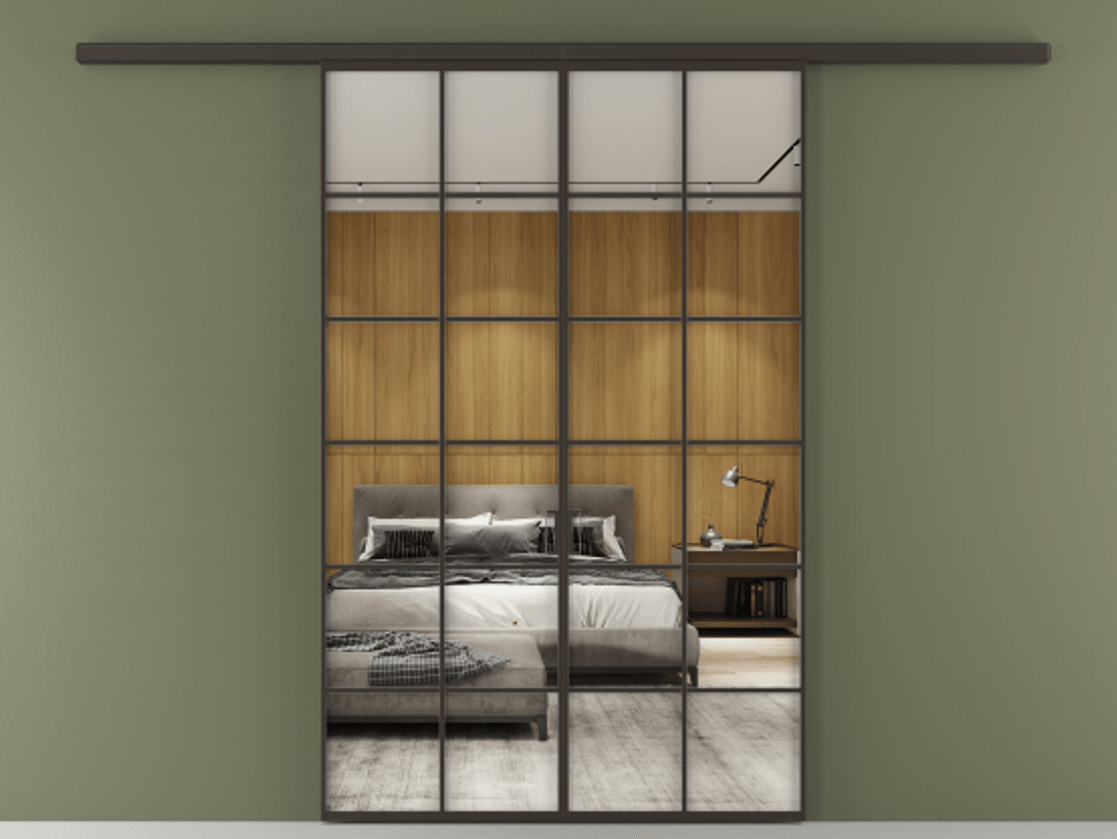 Перегородка Формато вдоль стены 2 створки АЛПР 040.05 Алюминий антрацит Двустороннее зеркало, триплекс , триплекс 6 мм Цена 207150 ₽ | Volhovec