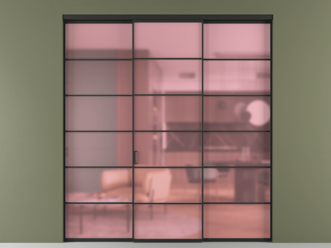 Перегородка Formato внутри проёма 3 створки АЛПР 040.04 Алюминий Черный Сатинированное розовое стекло, триплекс Цена 256460 ₽ | Volhovec